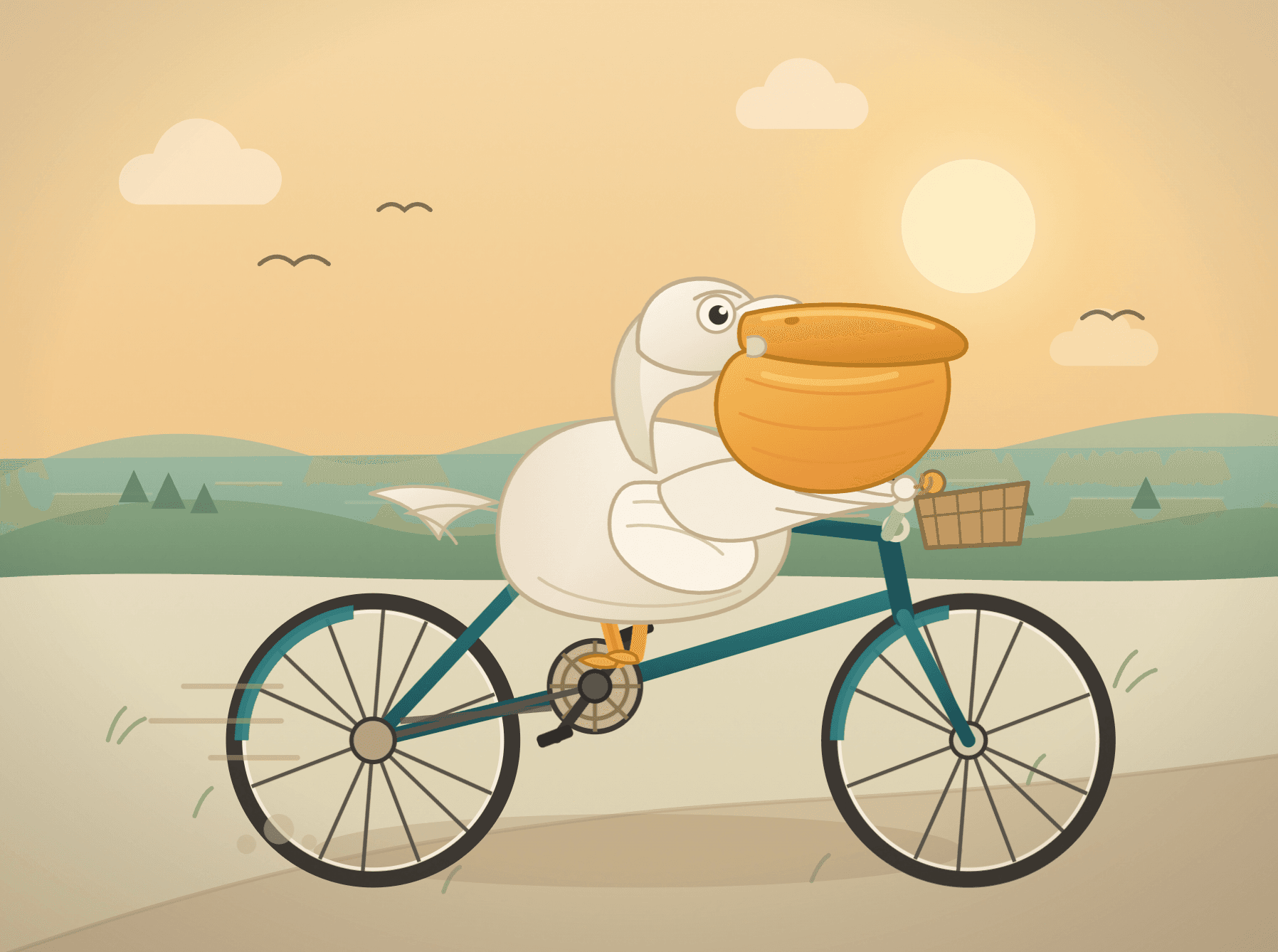 SVG illustration by MiniMax M3.1 Flash of a pelican riding a bicycle at sunset