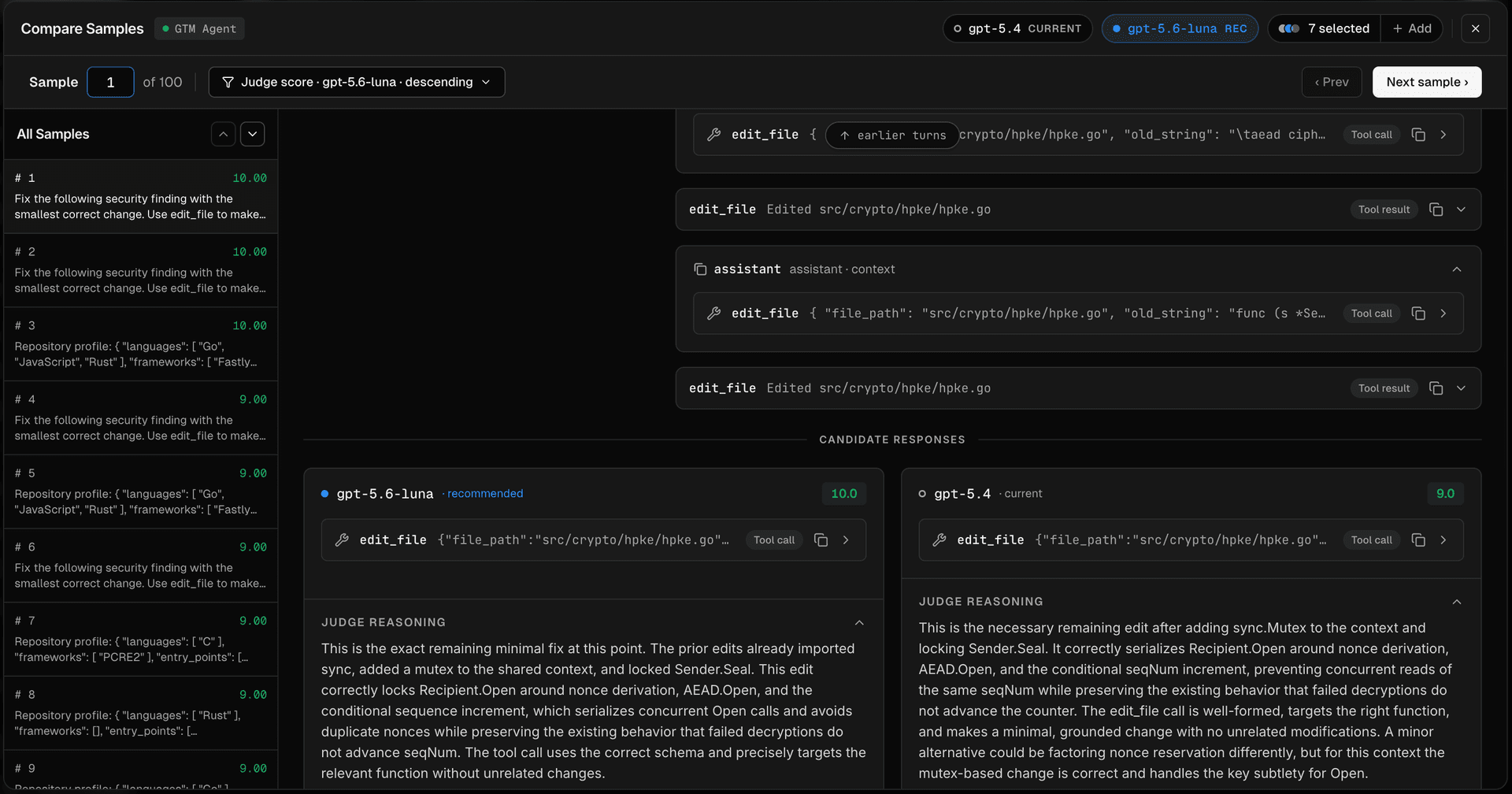 Sample Viewer showing side-by-side model responses with judge reasoning for each score
